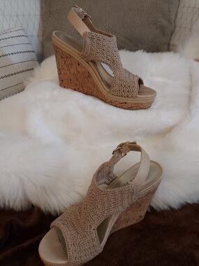 Audrey Cooke Woven Cork Wedge Sandals - Beige